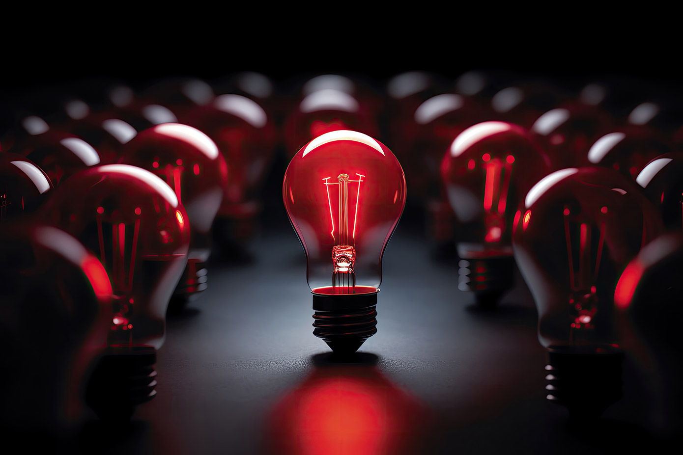 A lit red lightbulb, surrounded by other red lightbulbs