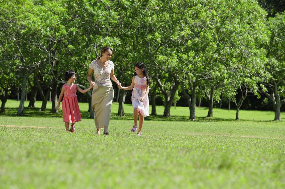 Asian family, mulitgenerational, walking in park