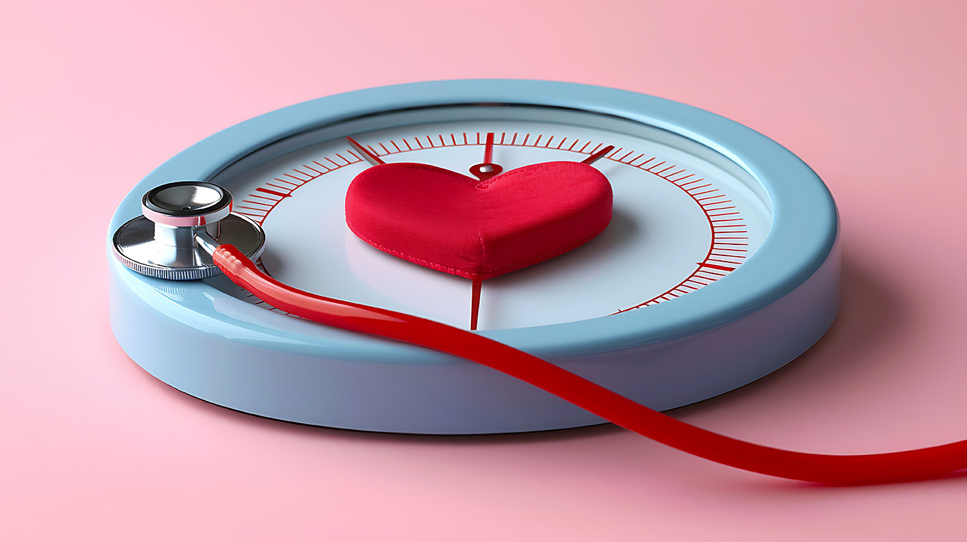 Scale with red stuffed heart and stethoscope