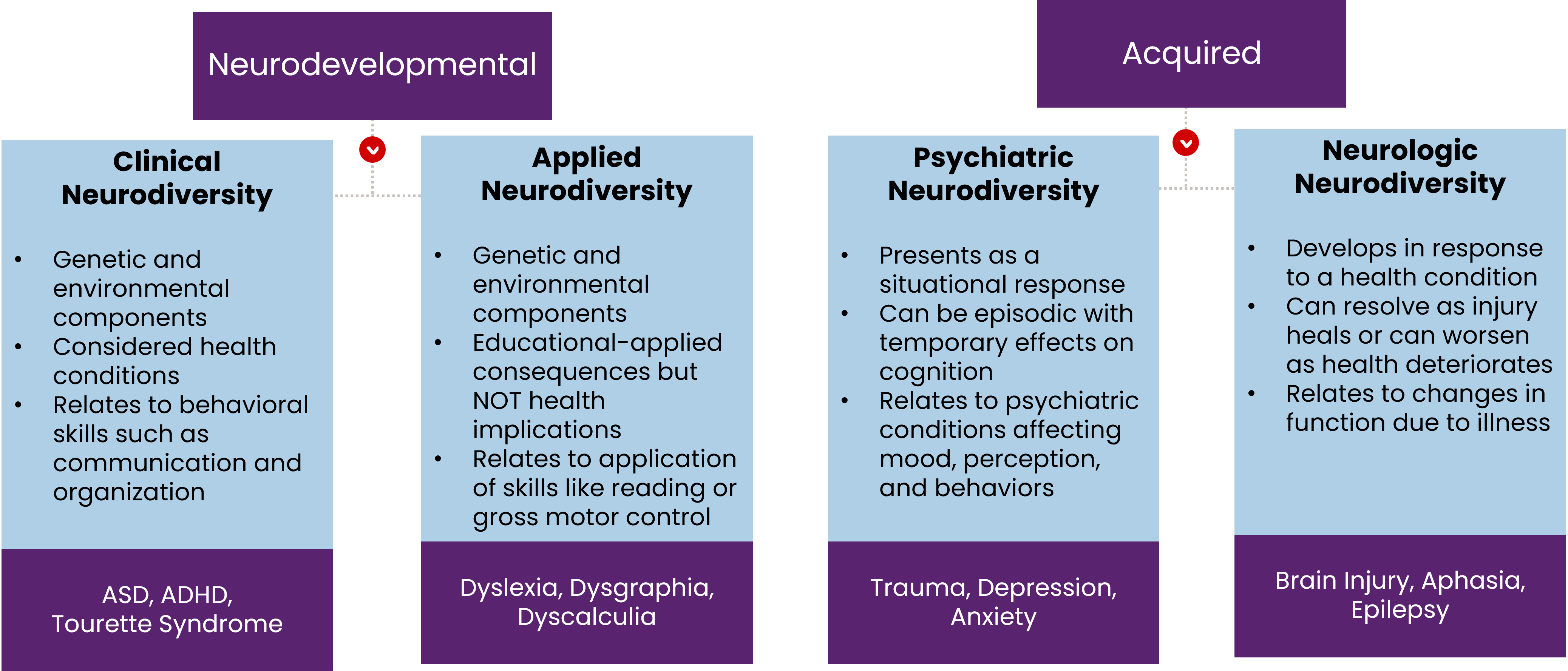 A chart describing the different types of acquired or neurodevelopmental neurodiversity