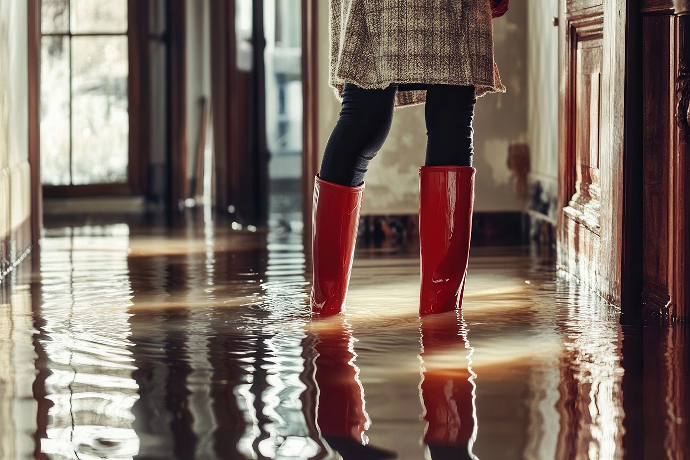 Person wearing red boots in standing water